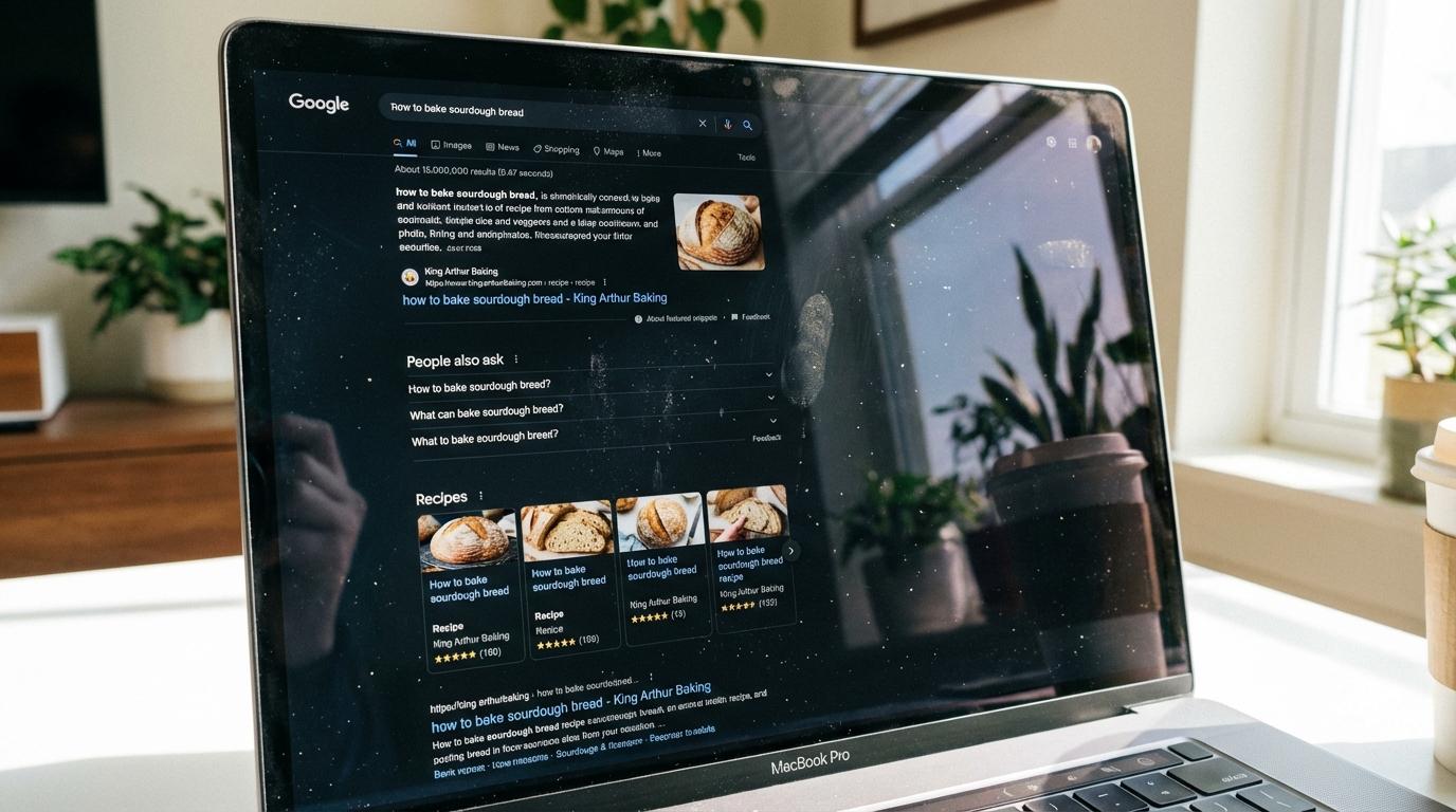 Laptop showing a Google search results page with SERP features