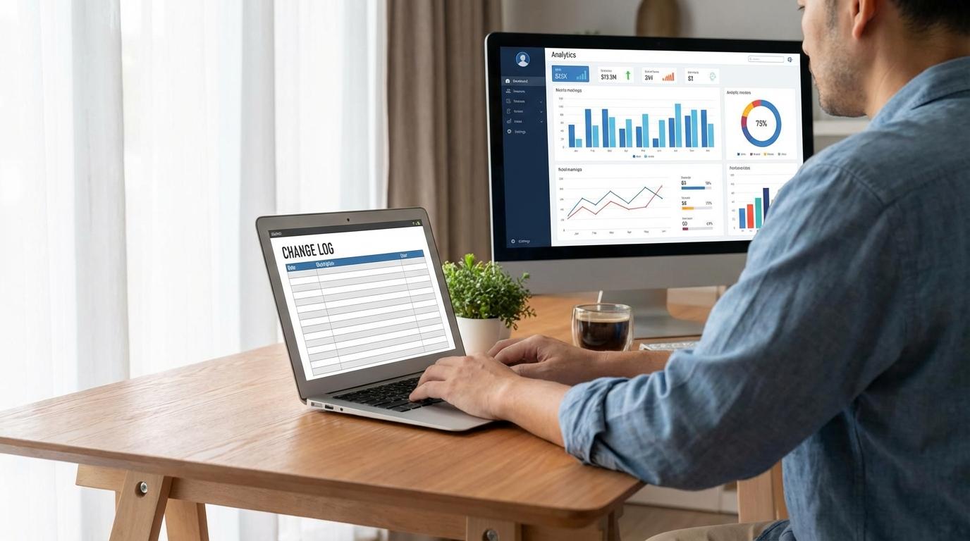 Person updating a change log spreadsheet next to an analytics dashboard