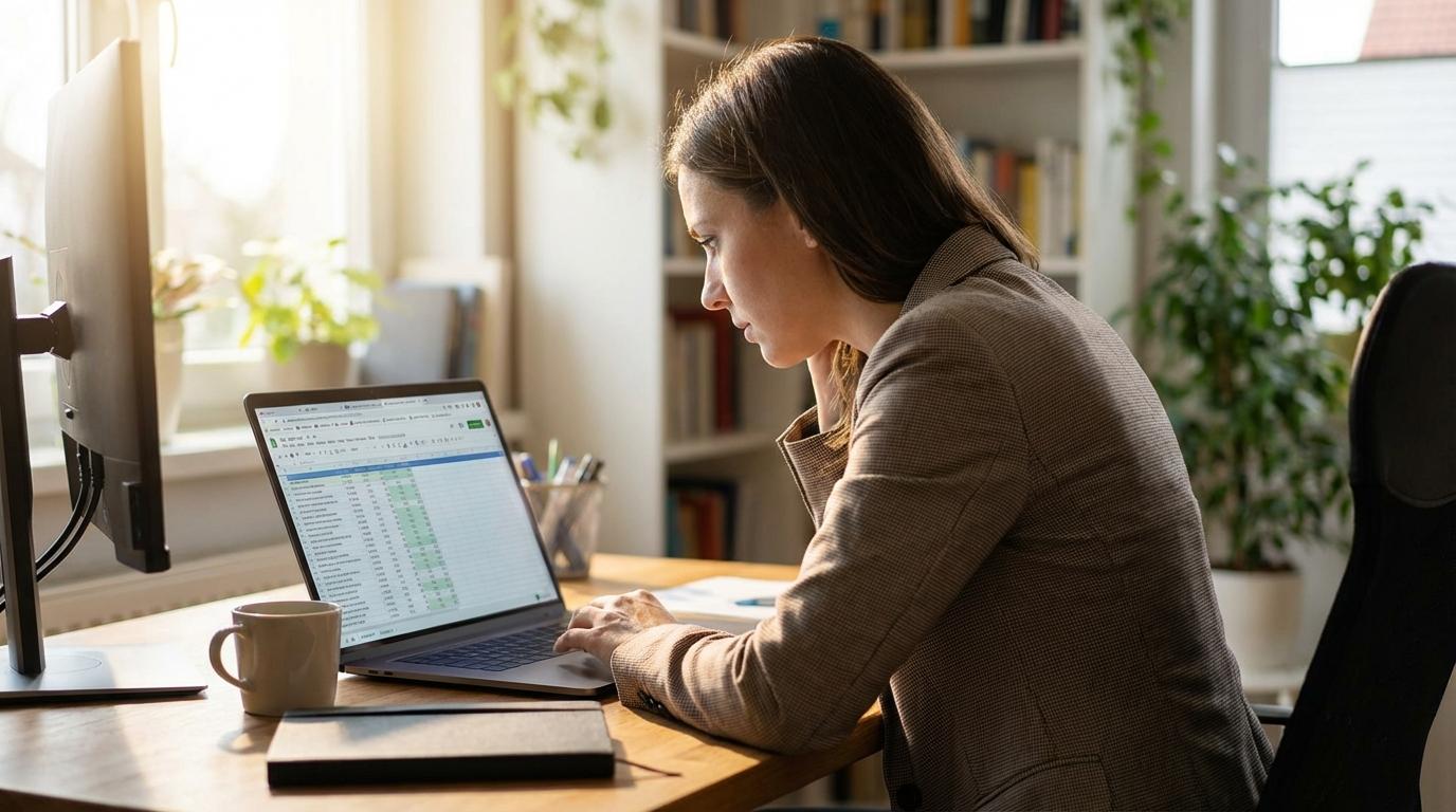 Marketer reviewing keyword data on a laptop