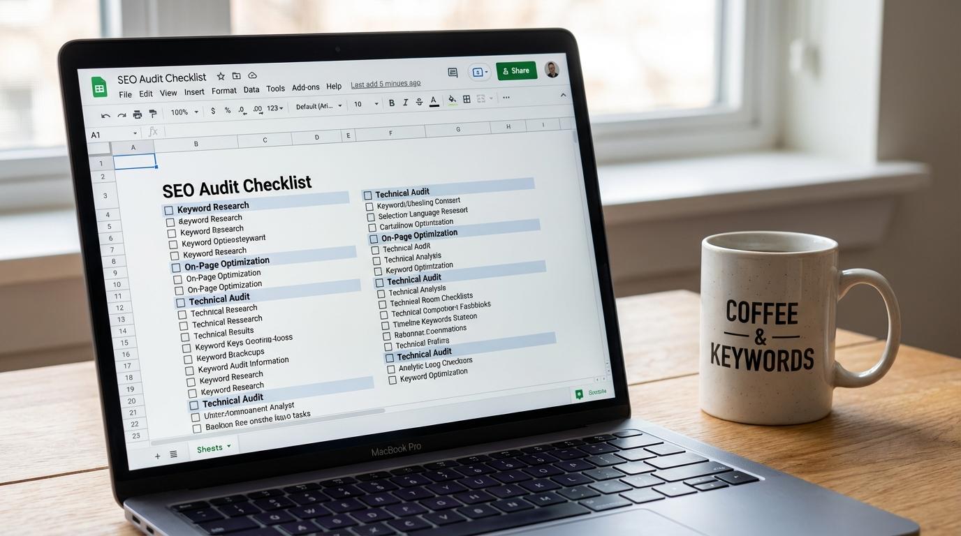 SEO checklist document open on a laptop