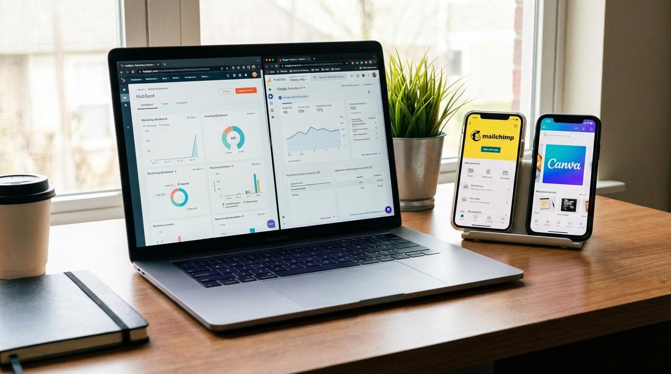 Multiple marketing tools open on devices on a desk