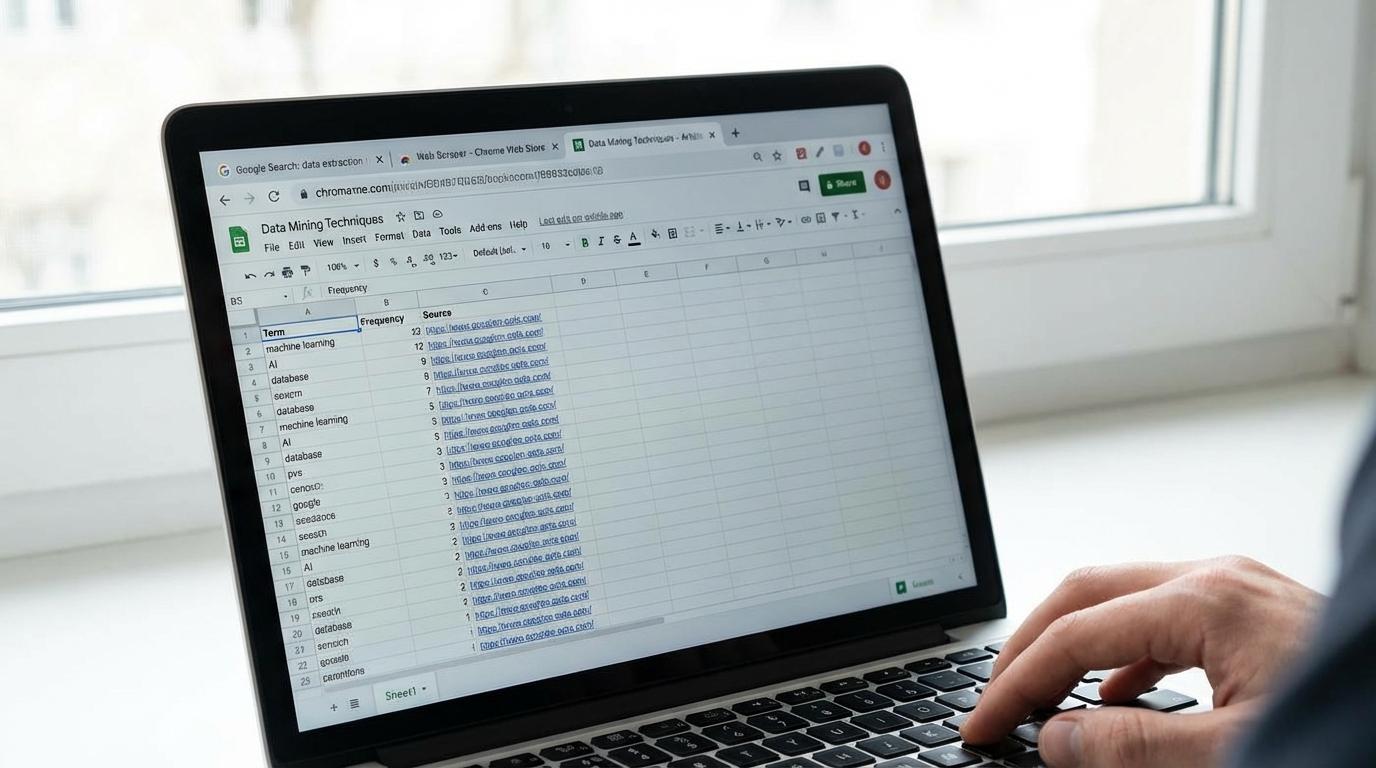 Laptop with search results and a list of extracted terms