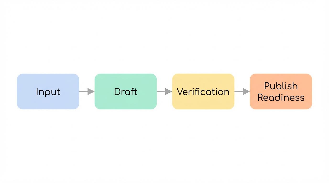 Simple workflow showing input, draft, verification, and publish readiness