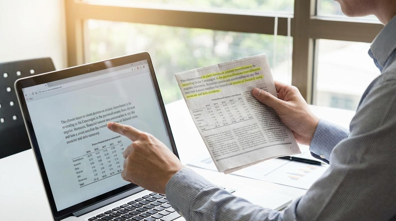 Person fact-checking numbers against an online source