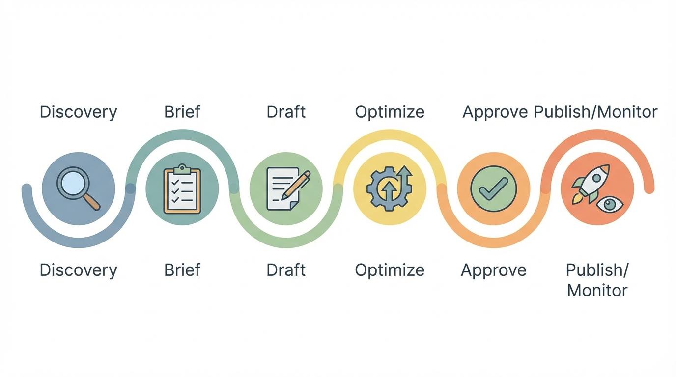 Six-stage AI SEO content pipeline