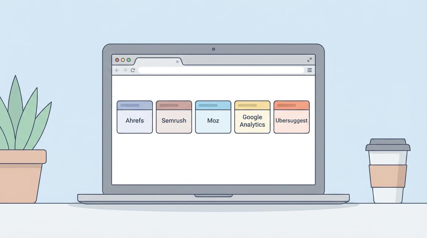 Multiple SEO tool tabs open in a web browser