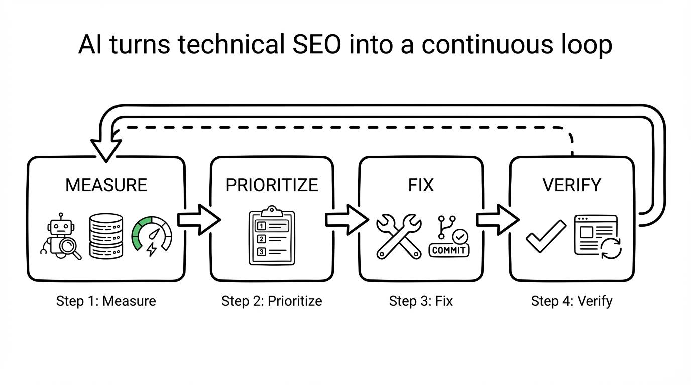 Flowchart of the AI technical SEO loop: measure, prioritize, fix, verify