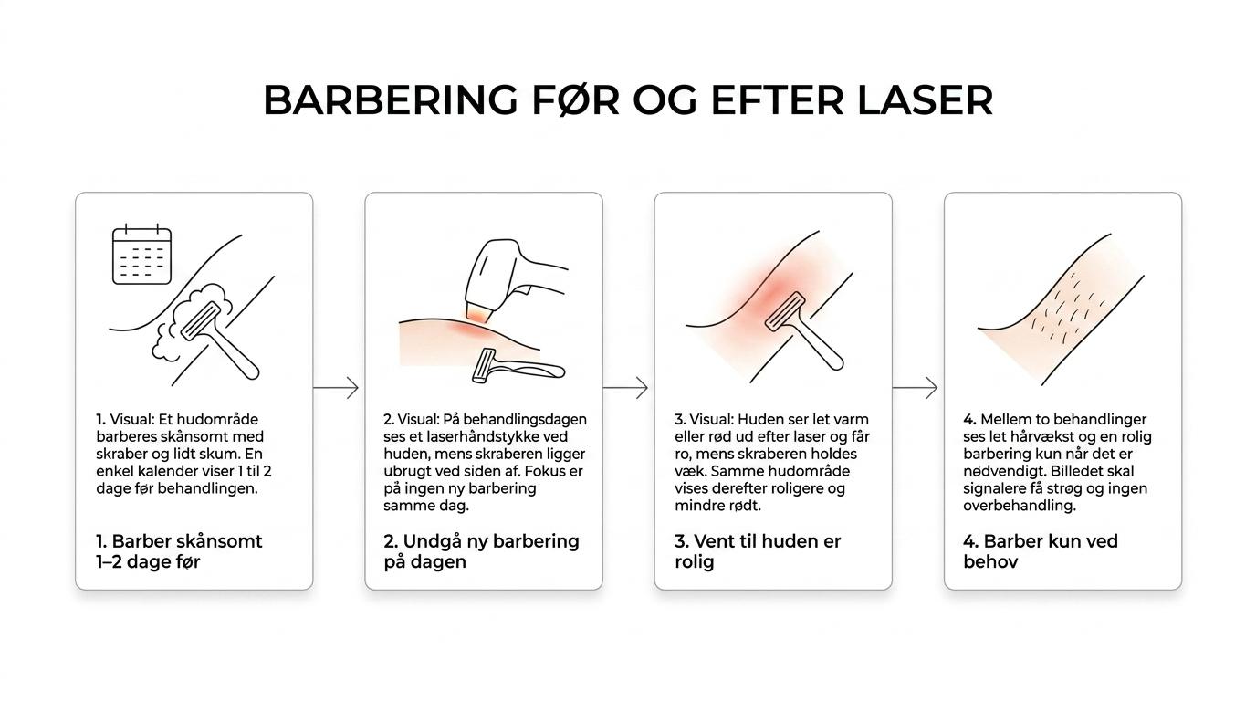Tidslinje, der viser hvornår man bør barbere før og efter laser hårfjerning.