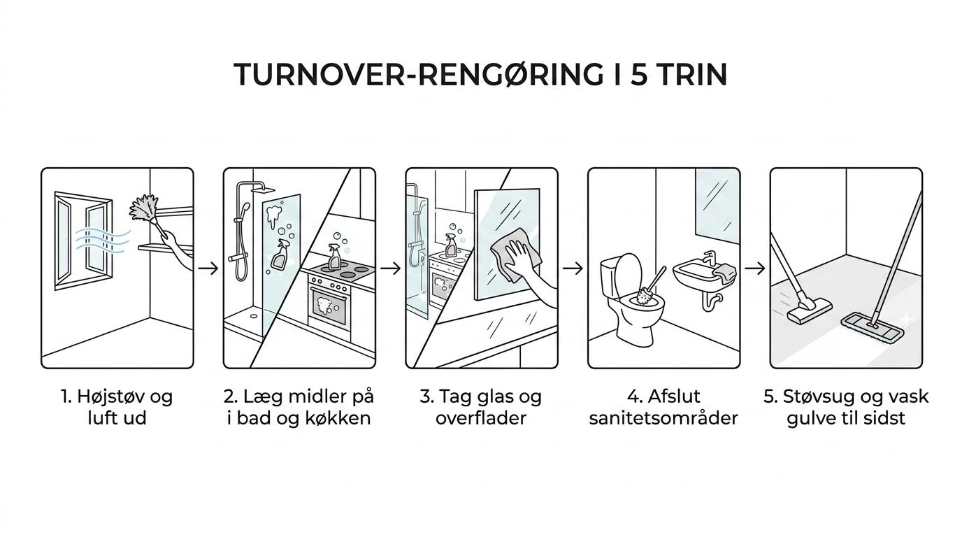 Trinvis rengøringsproces i en Airbnb-bolig fra udluftning og påføring af midler til glas, sanitet og gulvvask.