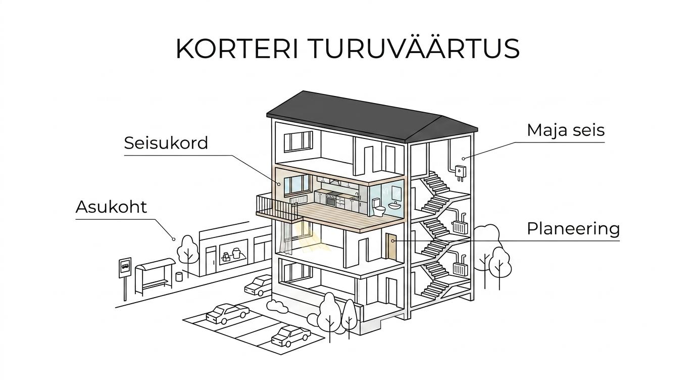Skeem, kus korteri turuväärtus on seotud asukoha, seisukorra, maja olukorra, planeeringu ja turusituatsiooniga.