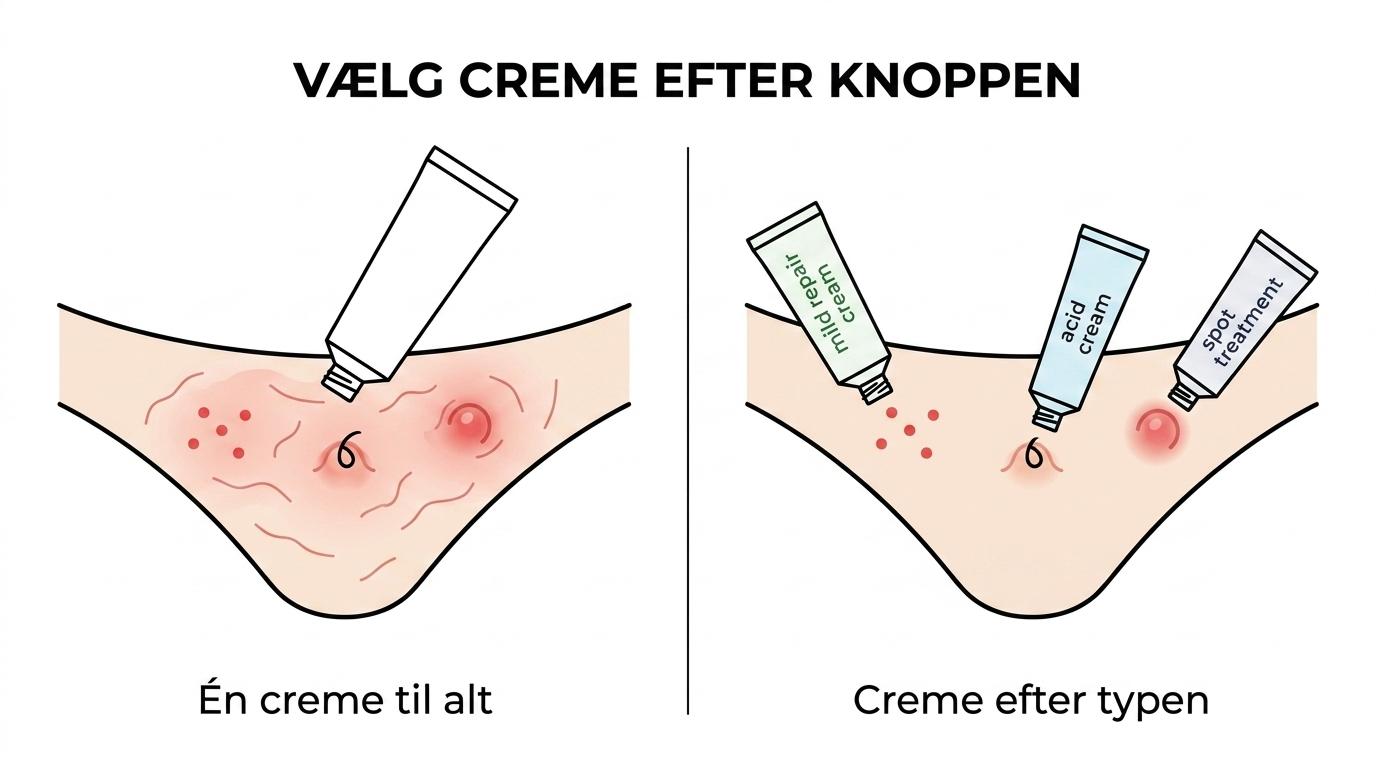 Sammenligning af mild repair cream, eksfolierende syrer, benzoylperoxid og hydrokortison til forskellige typer knopper i bikinilinjen.