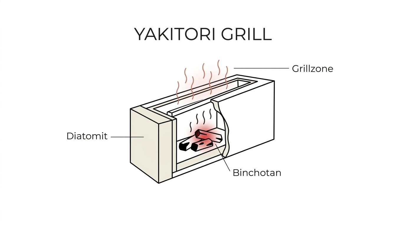 Diagram af en yakitori grill med smal grillflade, binchotan-kul, isolerende vægge og varme, der ledes op mod maden.