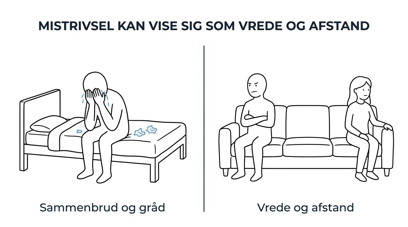 Sammenligning af klassiske tegn på psykisk belastning med mere oversete udtryk hos mænd som vrede, afstand og overarbejde.