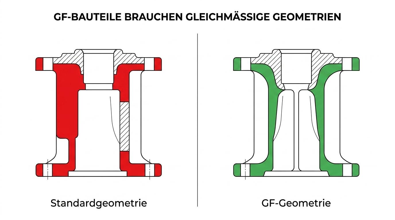 Nebeneinander gezeigte Querschnitte zweier Spritzgussteile: links GF-gerecht mit gleichmäßiger Wand, Rippen, Radien und ausgekernten Bereichen, rechts problematisch mit dicken Zonen, scharfen Übergängen und kritischer Geometrie.