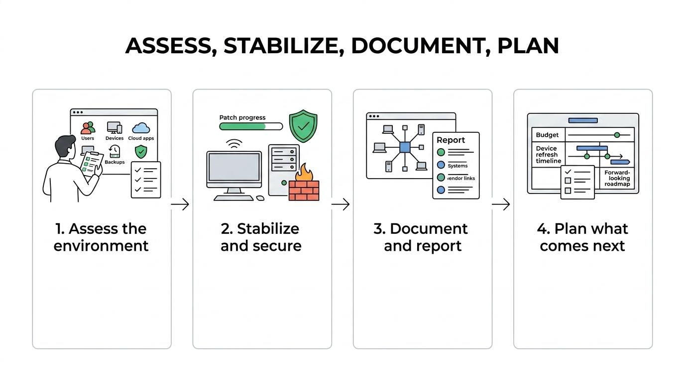 Four-step IT support process showing assessment, stabilization and security, documentation and vendor coordination, and strategic planning.