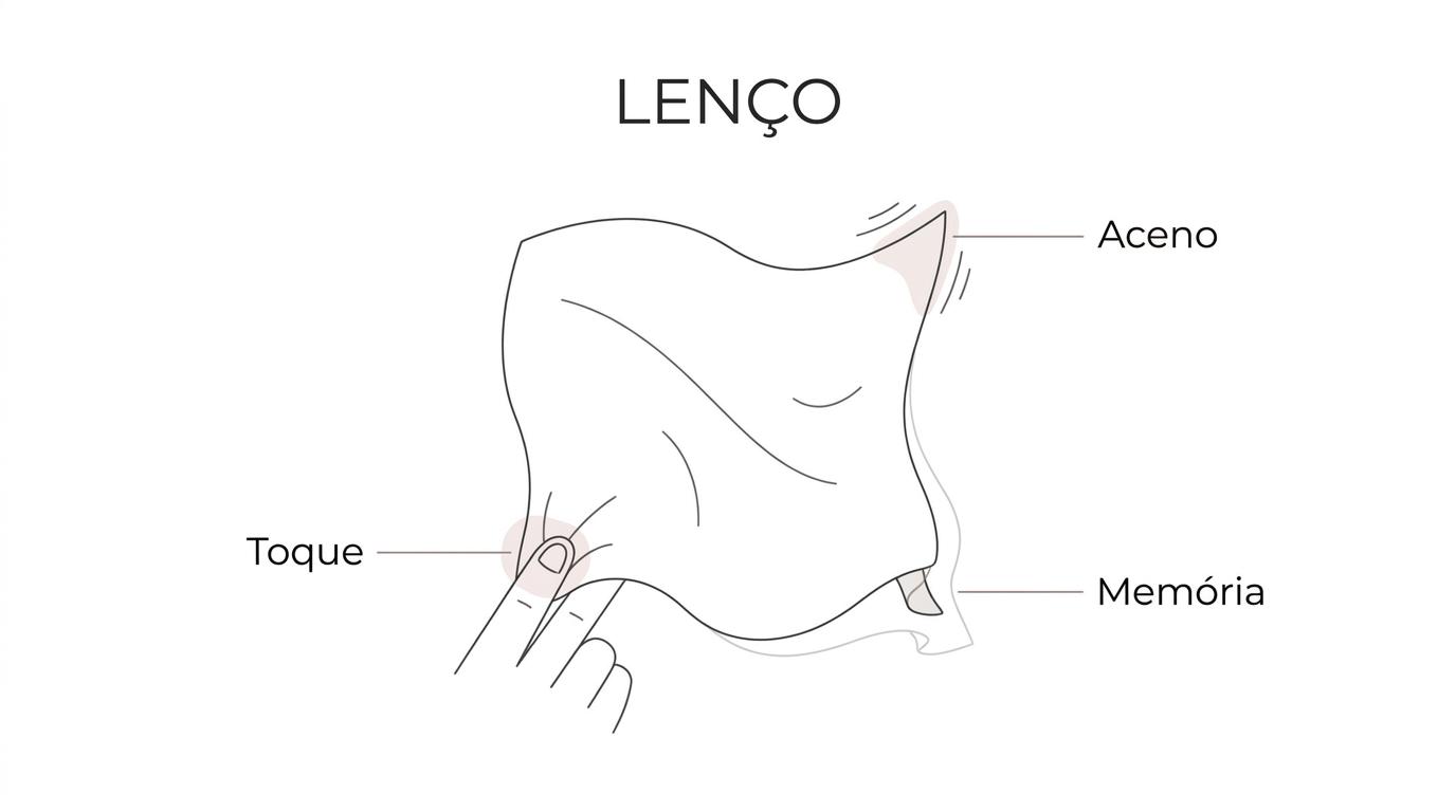 Um lenço português em destaque com etiquetas que apontam para significados como gesto, dança, afeto, memória e encontro.