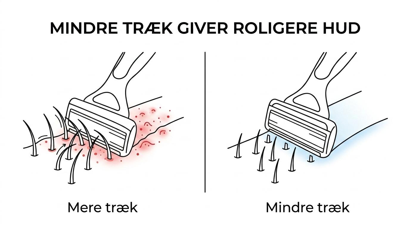 Side-by-side of a sharp razor blade gliding smoothly over skin and a dull blade dragging, leaving visible redness after repeated passes.