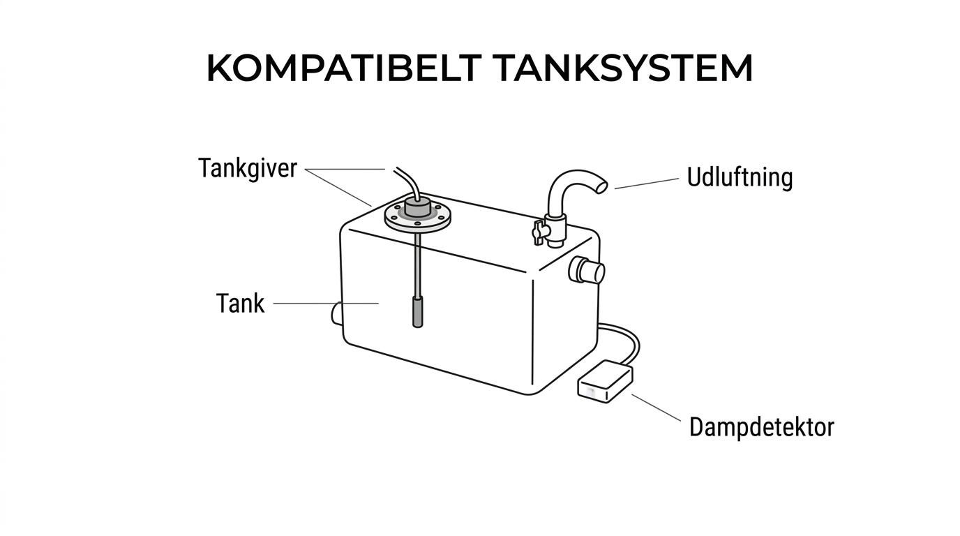 Labeled overview of a boat tank system with fuel tank, tank sender, vent valve, hose connections and vapor detector.