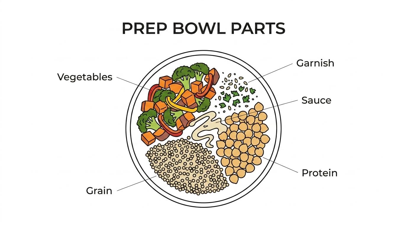Labeled meal prep bowl showing quinoa, chickpeas, roasted vegetables, lemon-tahini sauce, seeds, and parsley.