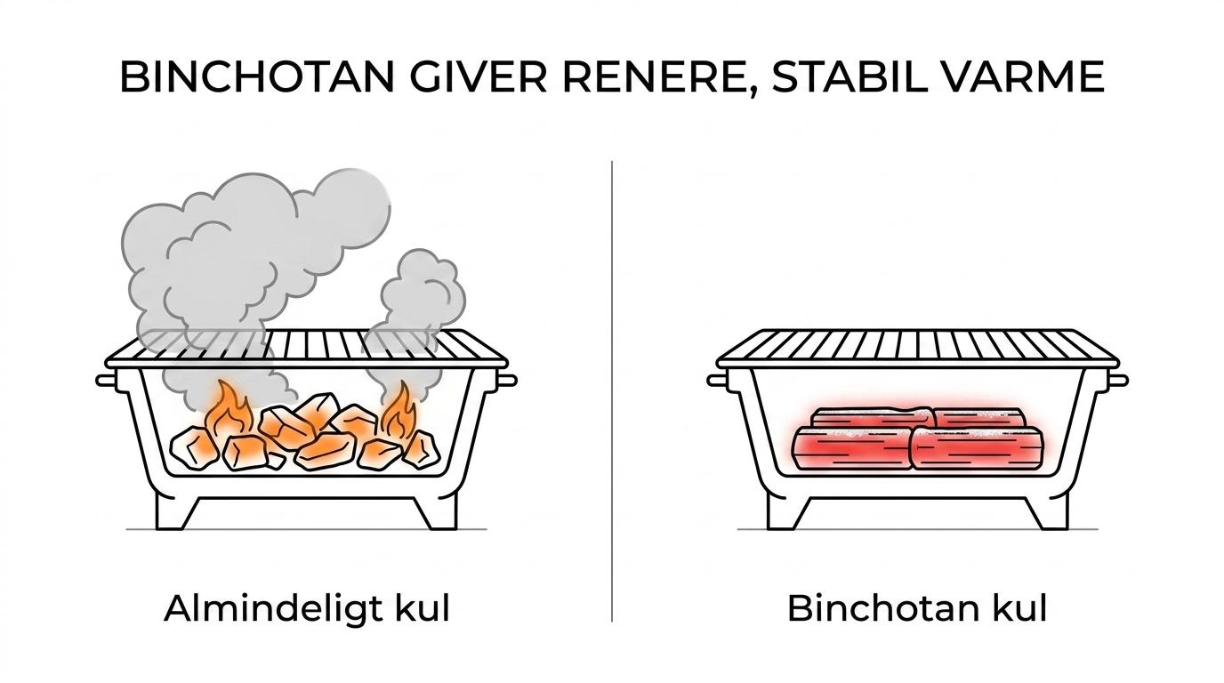 Side-by-side sammenligning af binchotan og almindeligt grillkul med forskelle i røg, varme, smagspåvirkning, optænding og bedste brug.