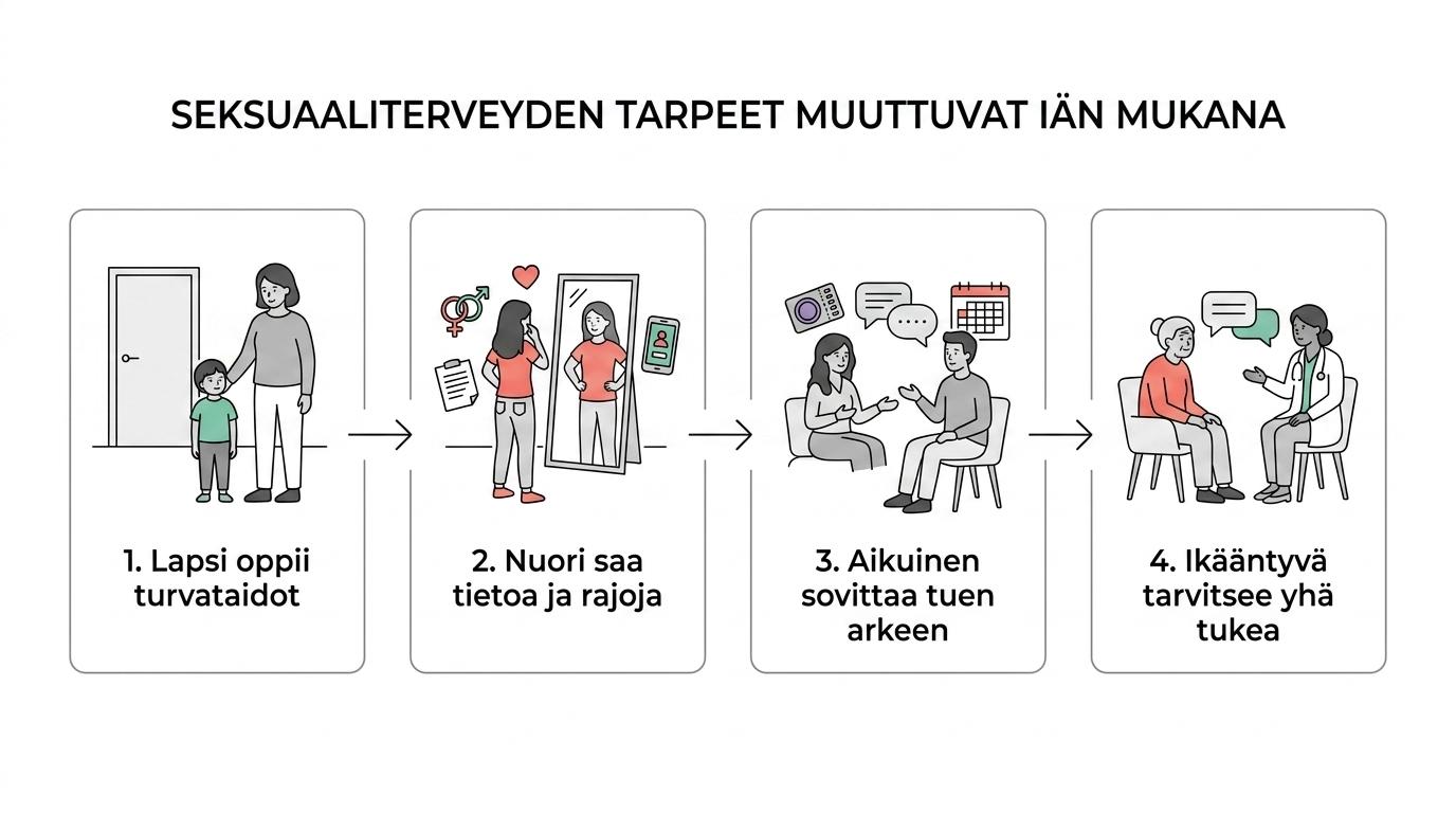Aikajana lapsuudesta ikääntymiseen, jossa näkyvät seksuaaliterveyden keskeiset tarpeet eri elämänvaiheissa.