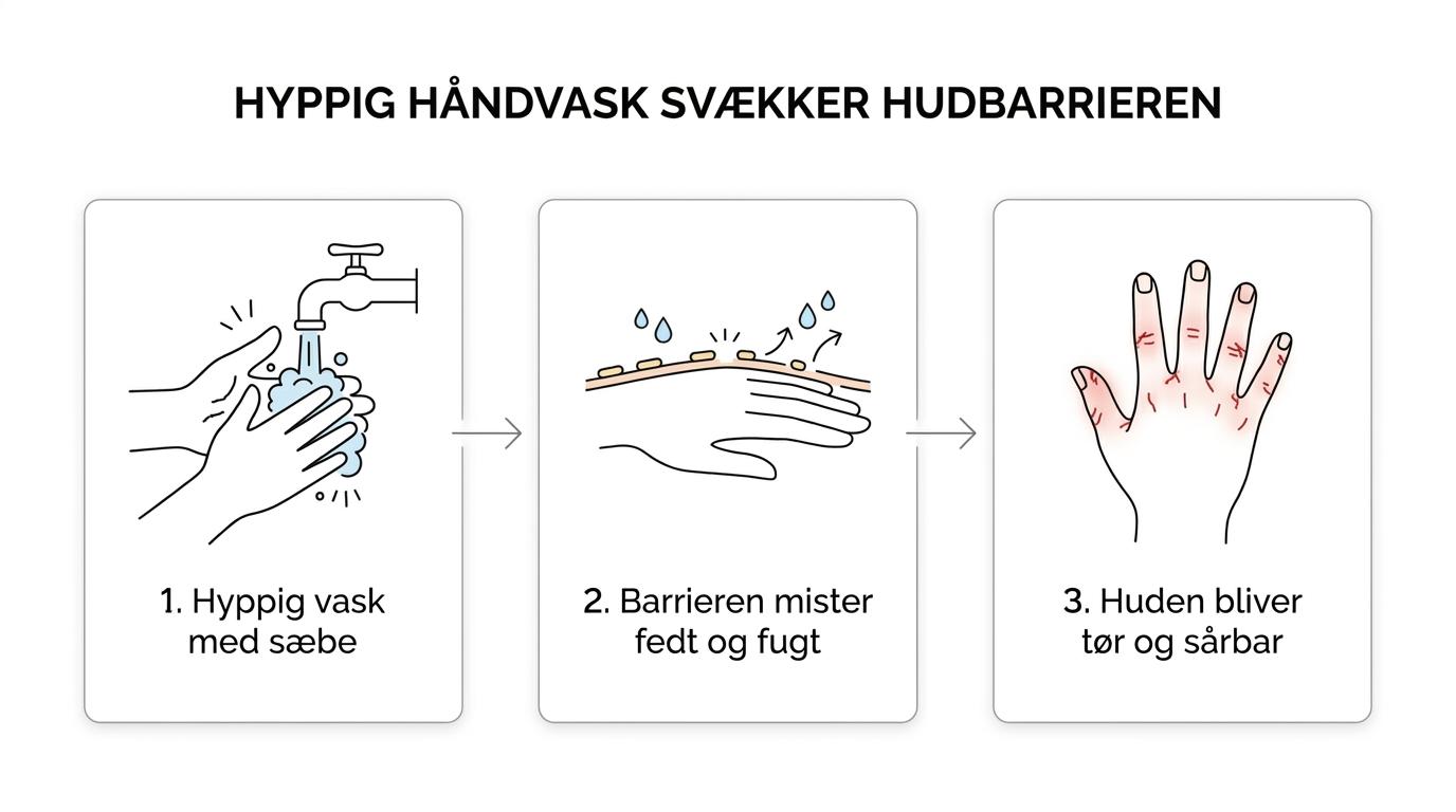 Diagram, der viser hvordan gentagen håndvask med vand, sæbe og friktion fører til svækket hudbarriere, øget vandtab og tørre, sprukne hænder.