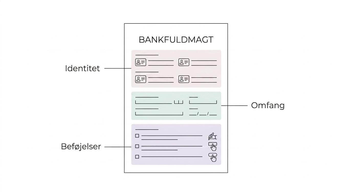 Et fuldmagtsdokument til bank med markerede felter for fuldmagtsgiver, fuldmægtig, konti, beføjelser, begrænsninger, gyldighed og underskrift.