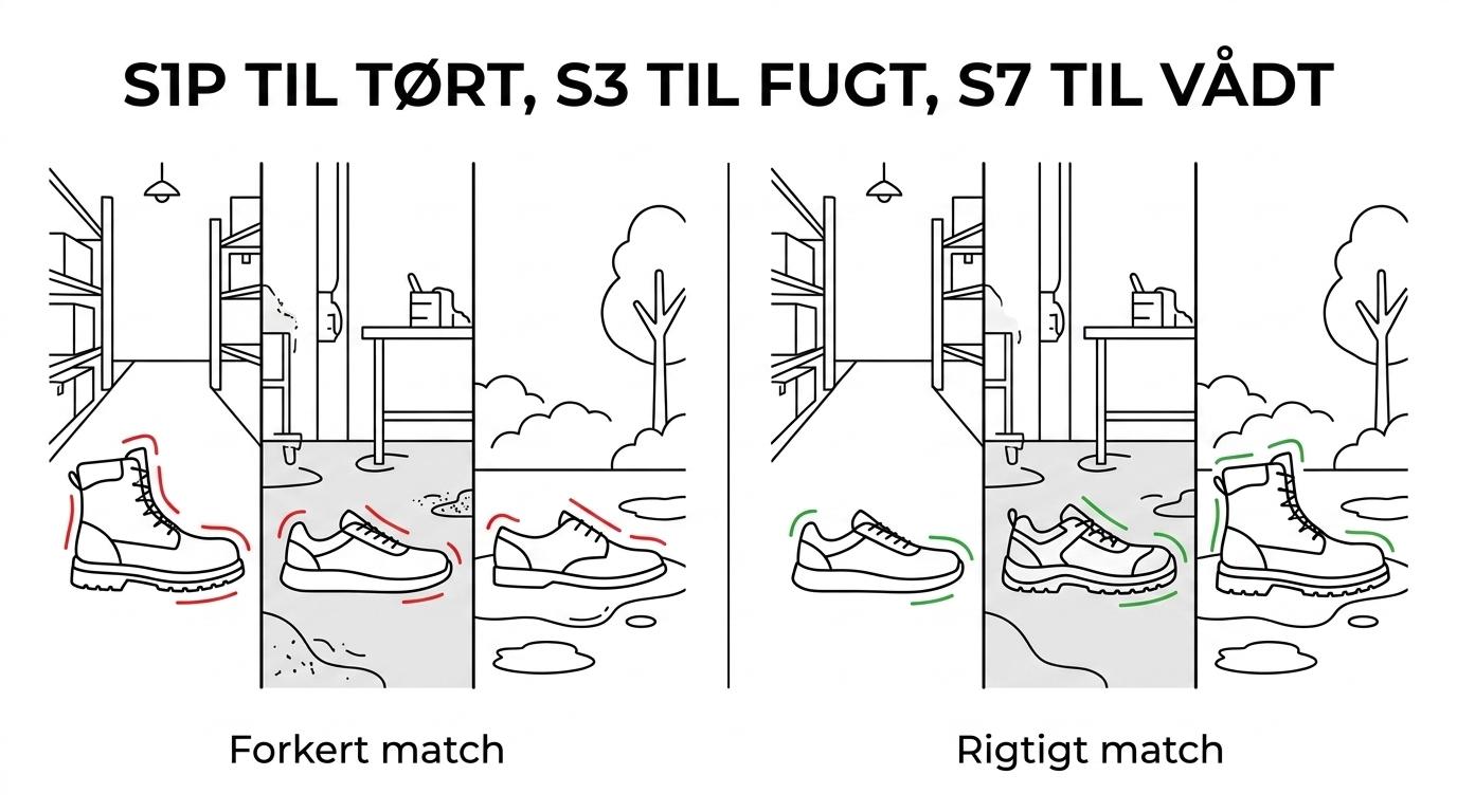 Sammenligning af S1P, S3 og S7 med forskelle i sømværn, vandbeskyttelse og typiske arbejdsmiljøer fra tørt indendørs til vådt udendørs arbejde.
