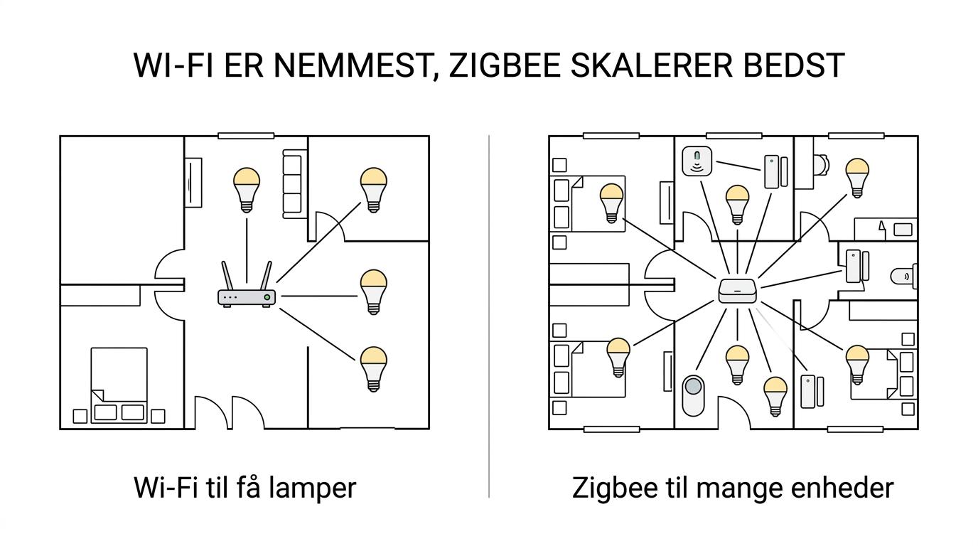 Sammenligning af en wifi pære, der forbinder direkte til routeren, og en Zigbee pære, der forbindes via bridge og mesh-netværk.