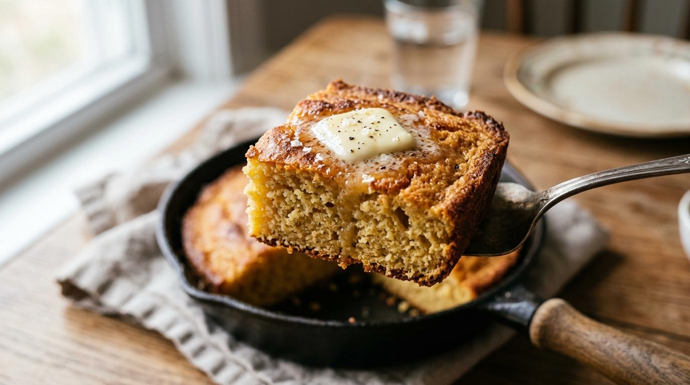 A pan of golden vegan cornbread with crisp edges and a sliced piece showing a fluffy, tender crumb.