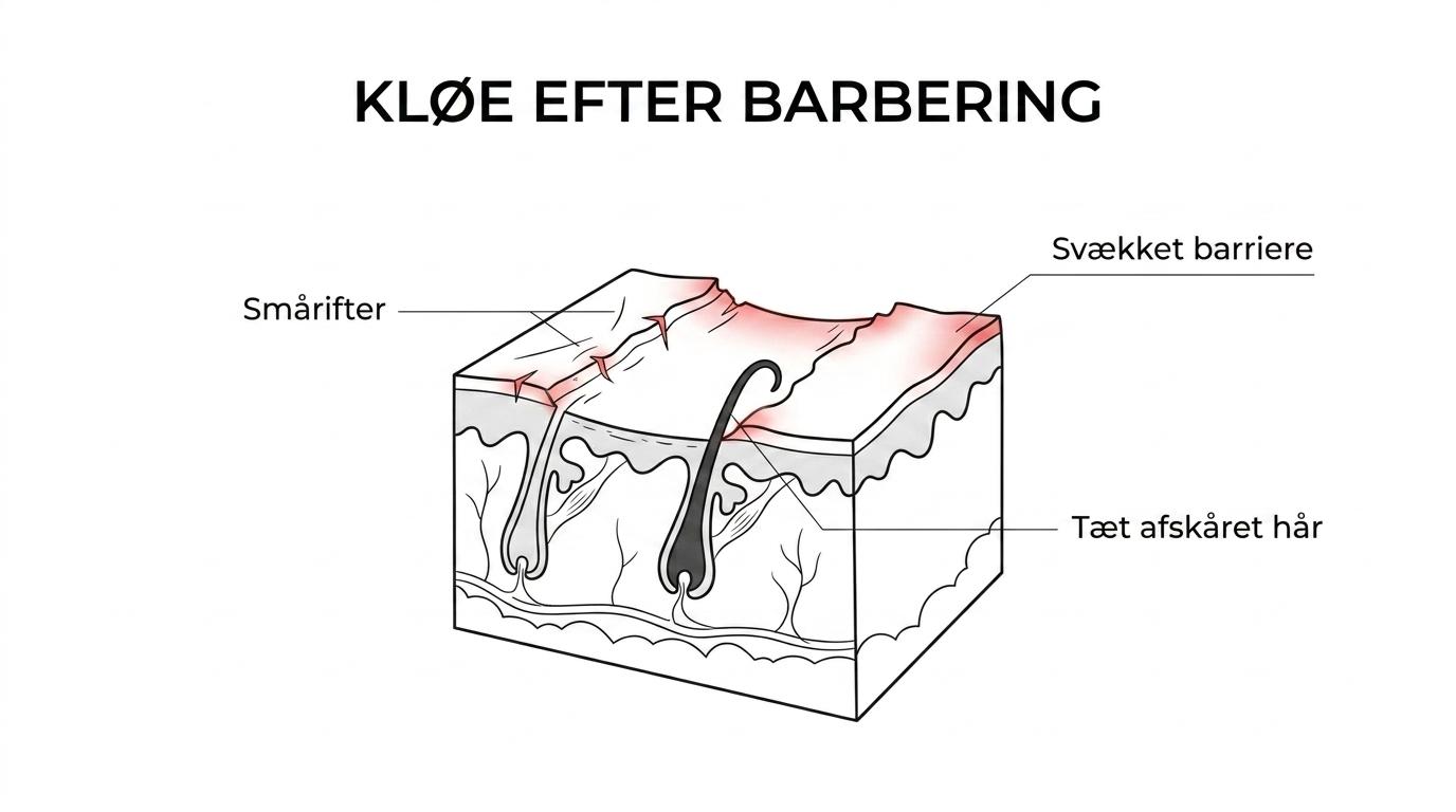 Labeled cross-section of skin after shaving showing a weakened skin barrier, moisture loss, surface irritation, and a hair cut close to the skin.