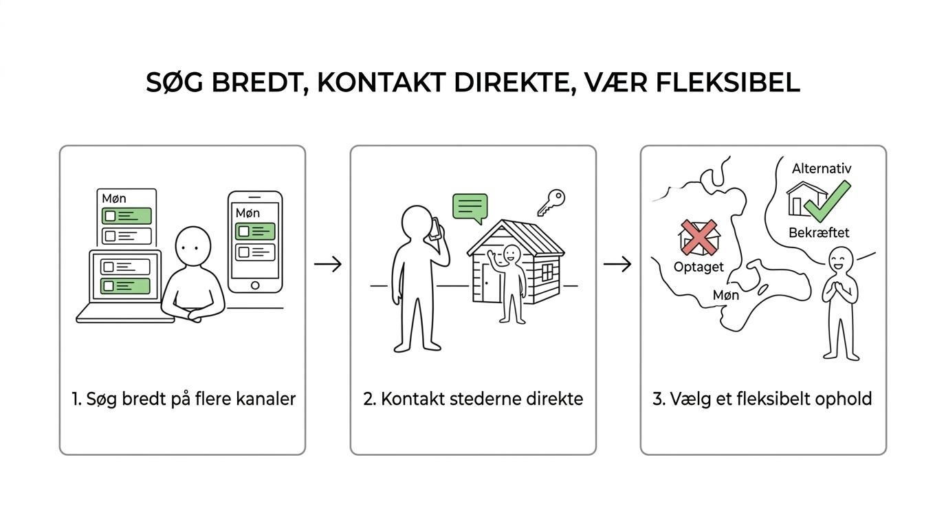 En trinvis oversigt over, hvordan man finder last minute overnatning på Møn via bookingplatforme, lokale sider, direkte kontakt og fleksible valg.