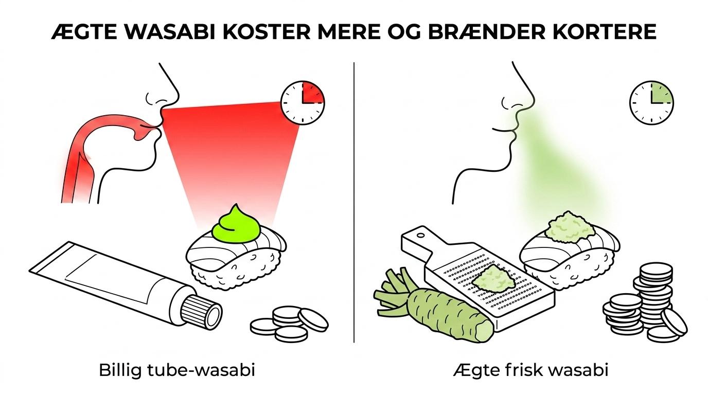 Side-by-side comparison of fresh authentic wasabi and a cheaper tube-style wasabi product, showing differences in price per gram, color, aroma, texture, and aftertaste.