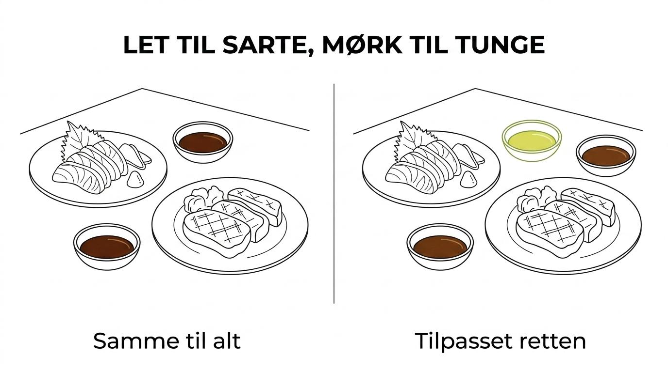 Sammenligning af fire ponzu-typer med deres smagsprofil og de retter, de passer bedst til.
