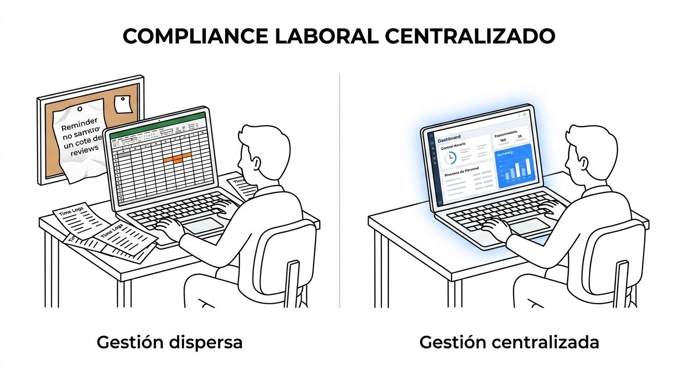 Comparativa entre una gestión laboral fragmentada con hojas de cálculo, correos y recordatorios manuales y una operativa centralizada en una plataforma de RR. HH. con control horario y registro de jornada.