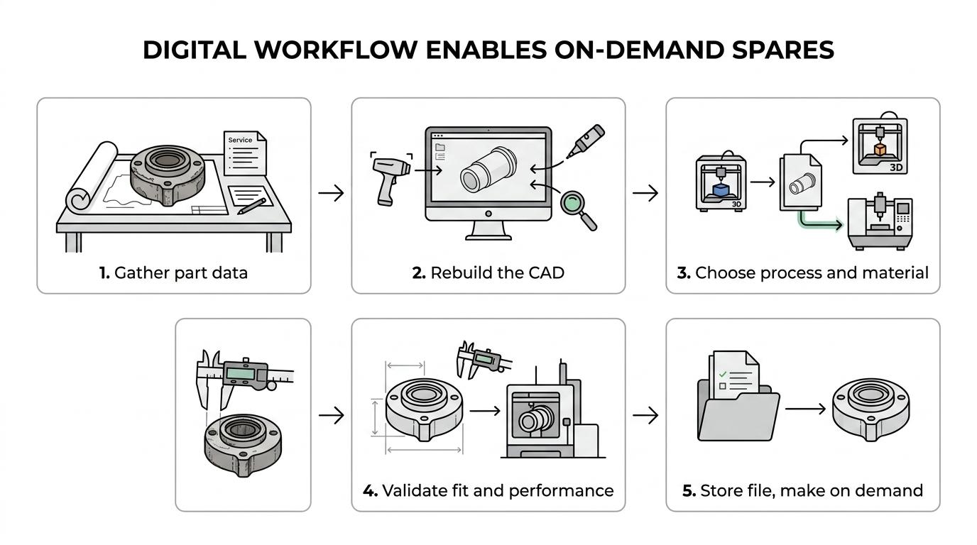 Flowchart showing spare part digitisation from drawings or a worn sample to CAD, process selection, validation and a stored production package.