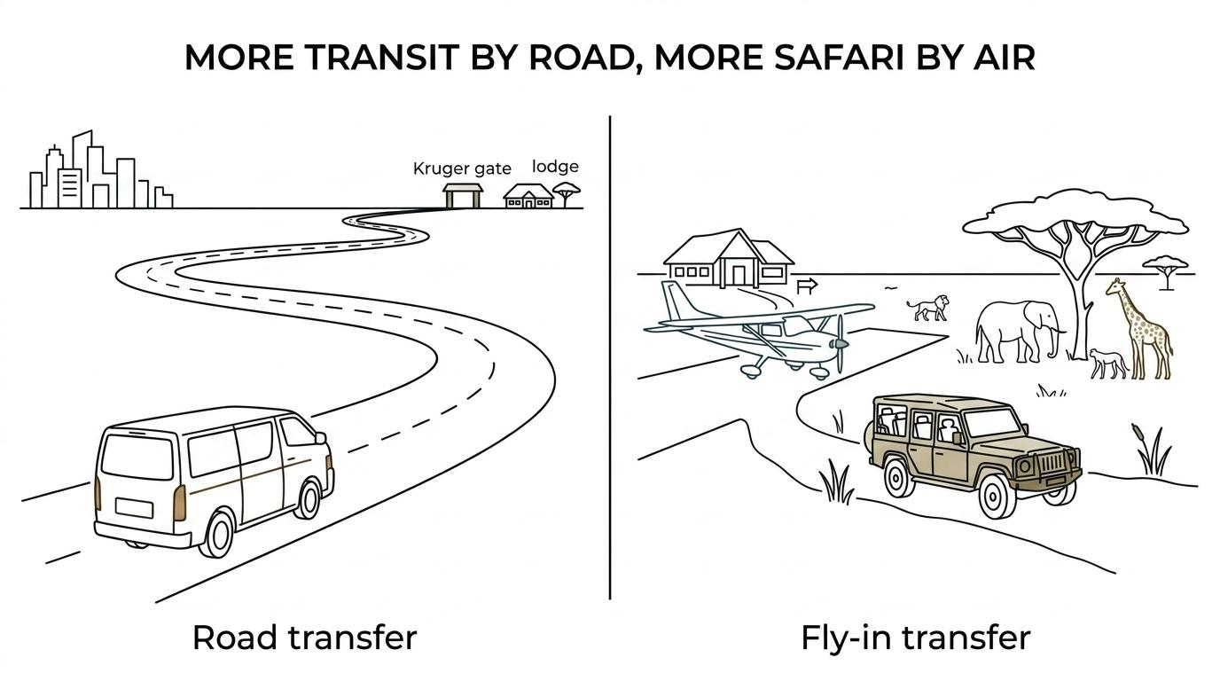 Side-by-side comparison of a road-transfer Kruger safari and a fly-in Kruger safari, showing differences in travel time, cost, luggage ease, bush time, and ideal traveler type.