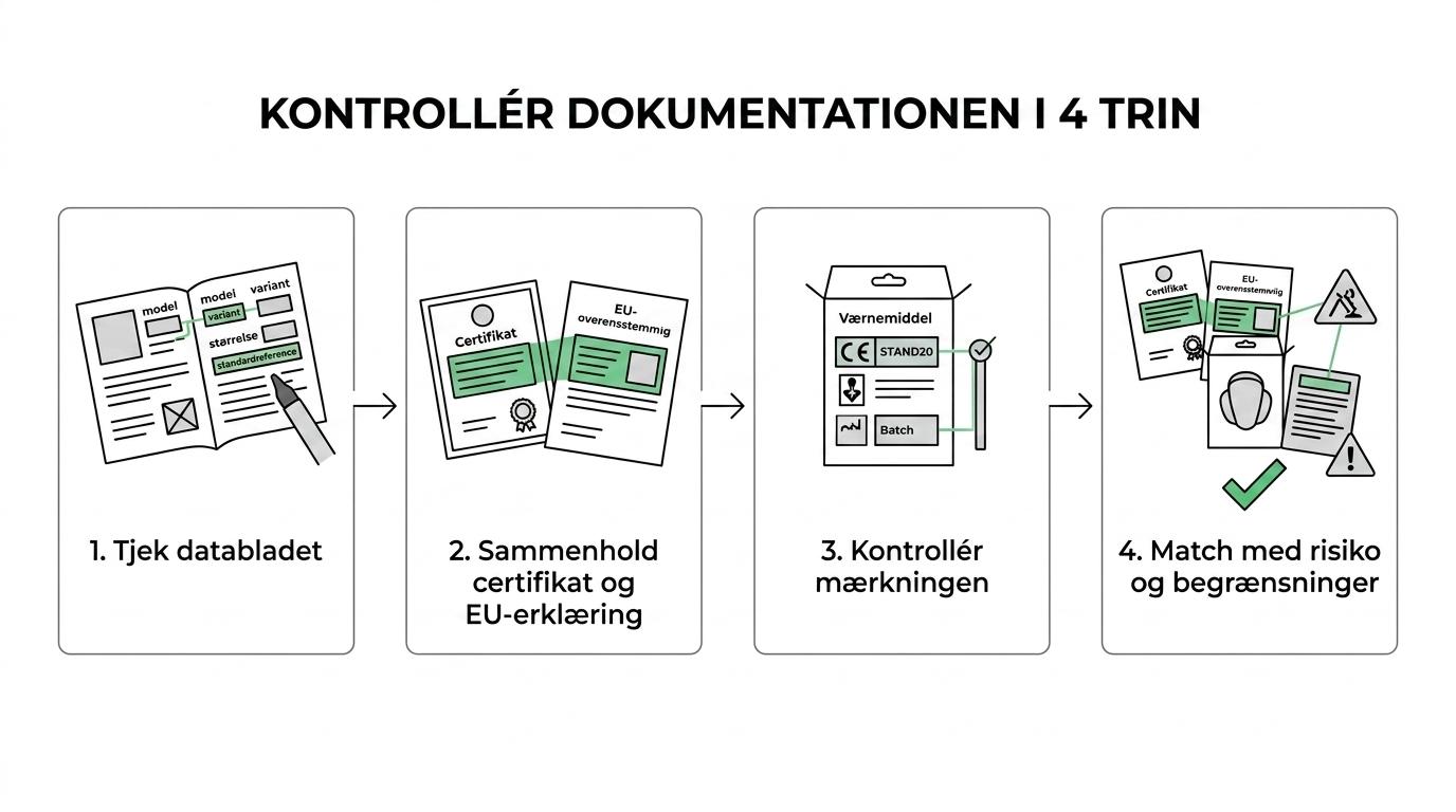 Procesgrafik med trin til at kontrollere et værnemiddels dokumentation fra produktidentitet og standardreference til præstationsniveauer, certifikat, DoC og mærkning.