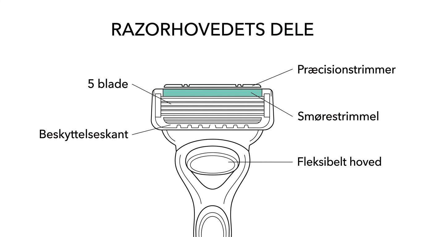 Illustration af et ShaveSafe-barberhoved med markeringer af 5 blade i svensk stål, præcisionstrimmer, beskyttelseskant, smørestrimmel, fleksibelt hoved og åbent design bagpå.