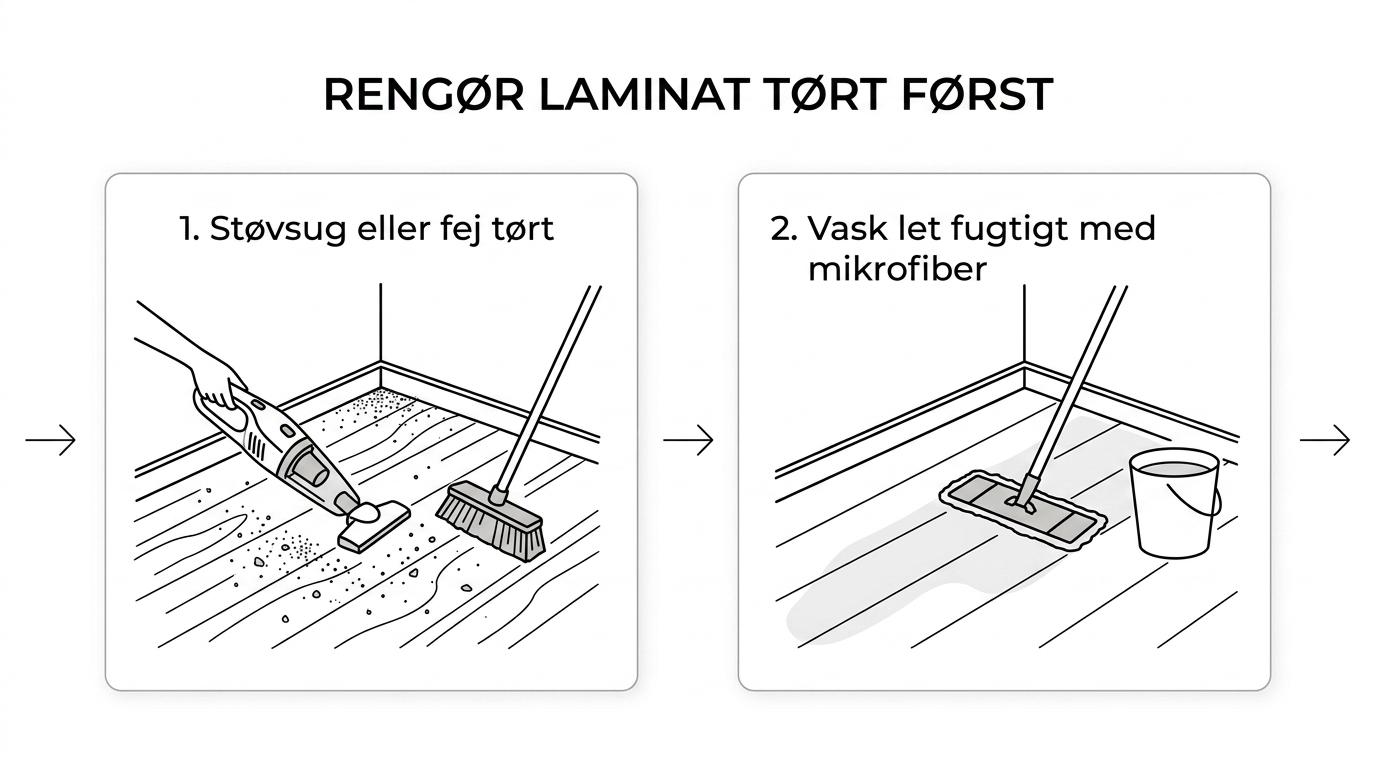 Procesillustration med tre trin til rengøring af laminatgulv: støvsugning, let fugtig mikrofibermoppe og eftertørring.