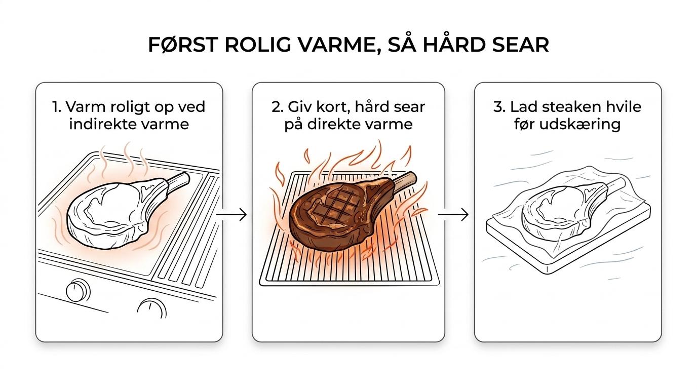 Trinvis visning af en tyk cowboy cut ribeye, der først grilles ved indirekte varme, derefter får hård sear over direkte varme og til sidst hviler.