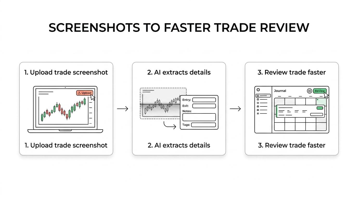 A step-by-step flow showing a trading screenshot uploaded into TradeLogger, AI extracting trade details, a structured journal entry, and analytics used for review.
