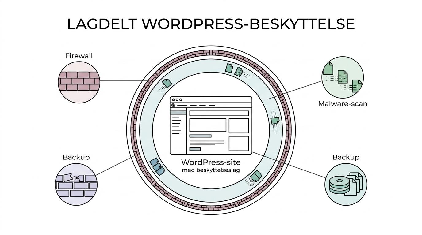 Diagram af et WordPress-site omgivet af beskyttelseslag som firewall, brute force-beskyttelse, malware-scanning, SSL/CDN, backups, staging og support.