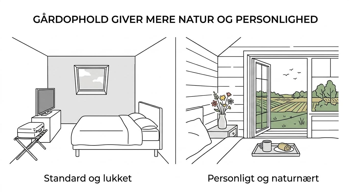 Sammenligning af hotel, sommerhus og gårdophold med forskelle i stemning, frihed og naturnærhed.