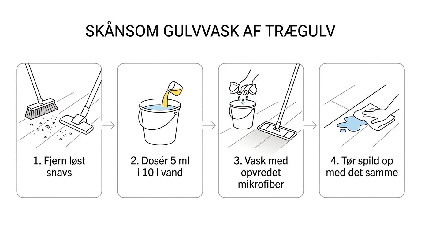 Trinvis guide til vask af lakeret trægulv: fjern støv, bland 5 ml gulvsæbe i 10 liter vand, brug en hårdt opvredet mikrofibermoppe og tør spild op med det samme.