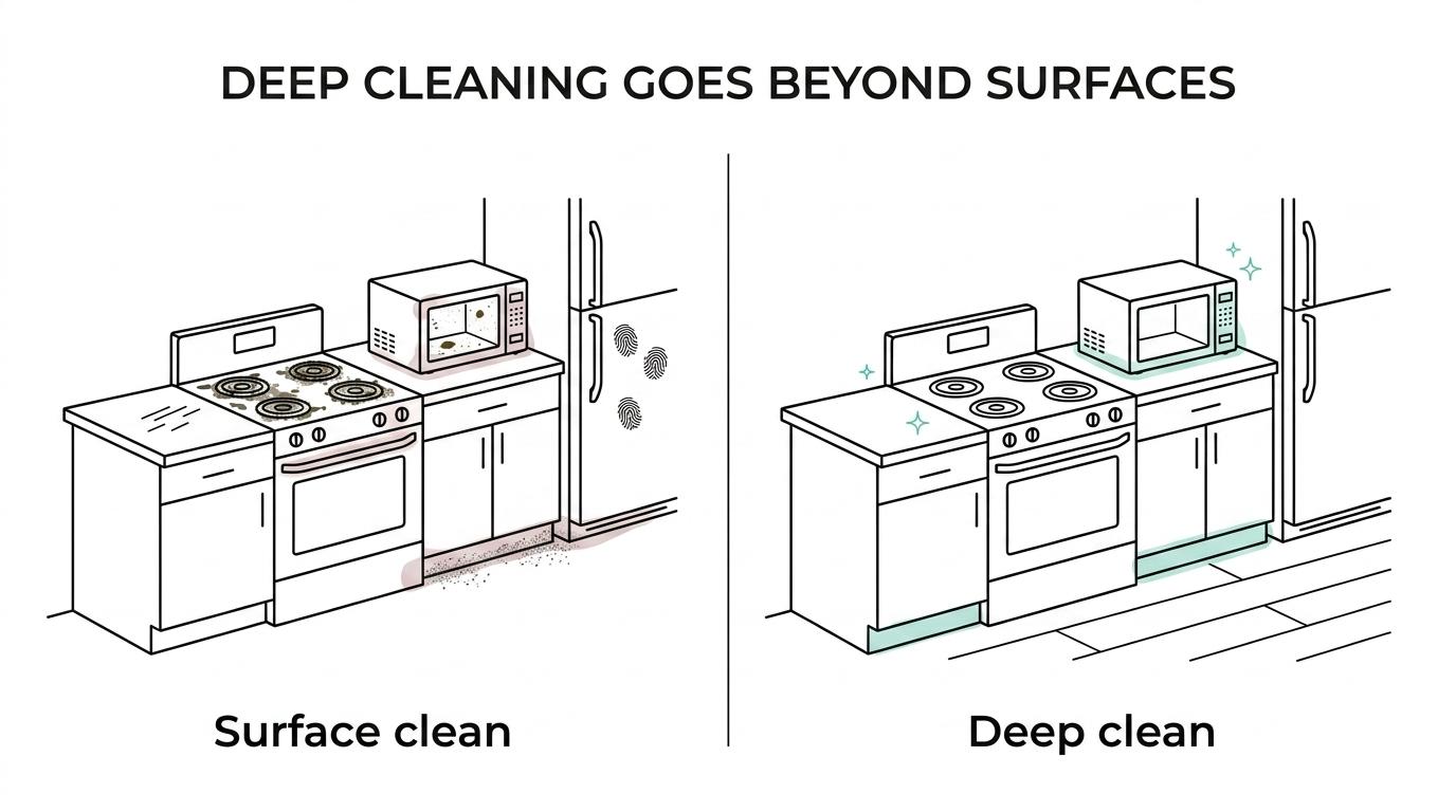 Side-by-side comparison of standard kitchen cleaning and kitchen deep cleaning tasks from Maids 4 Jersey.
