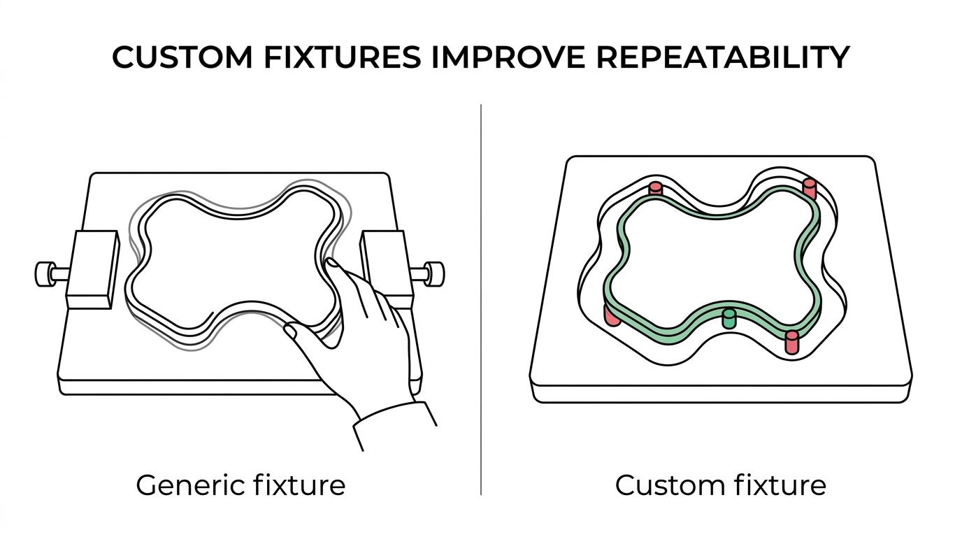 Side-by-side view of a generic clamped setup needing manual adjustment and a custom 3D-printed production fixture holding the part in a repeatable position.