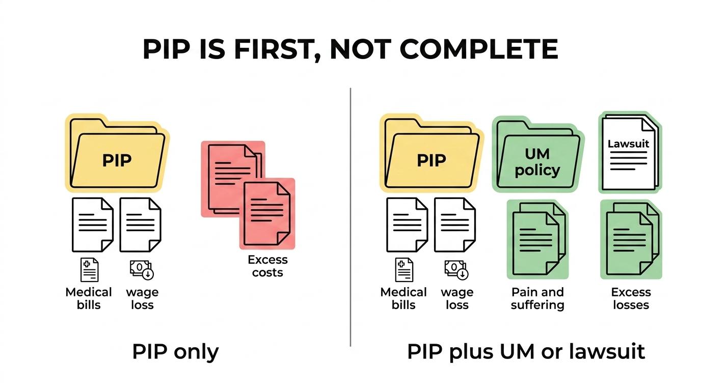 Side-by-side comparison of Michigan PIP benefits, uninsured motorist coverage, lawsuits, and the Assigned Claims Plan, with the losses each may cover and their main limits.