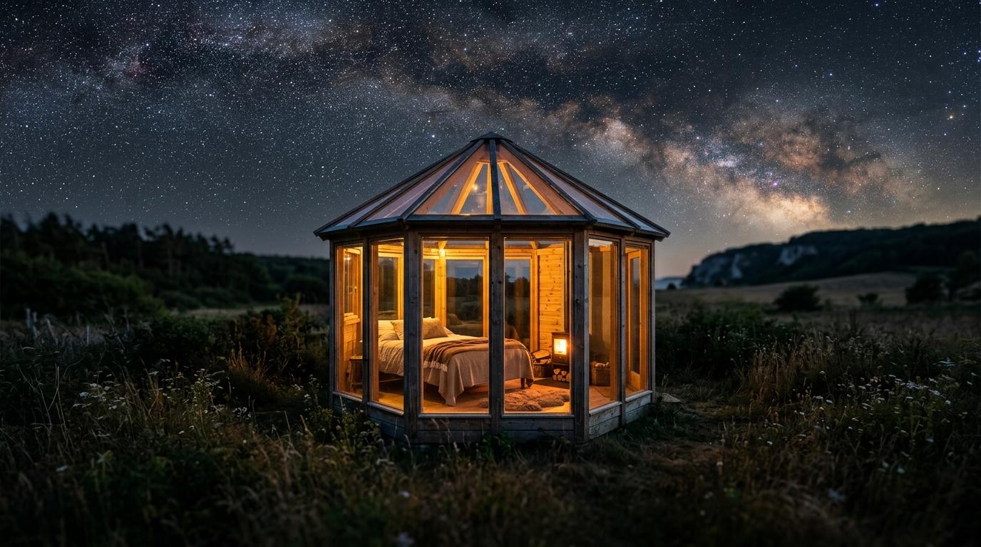 Dark Sky-hytte med glastag på Camønogaarden under en stjerneklar nat på Møn.