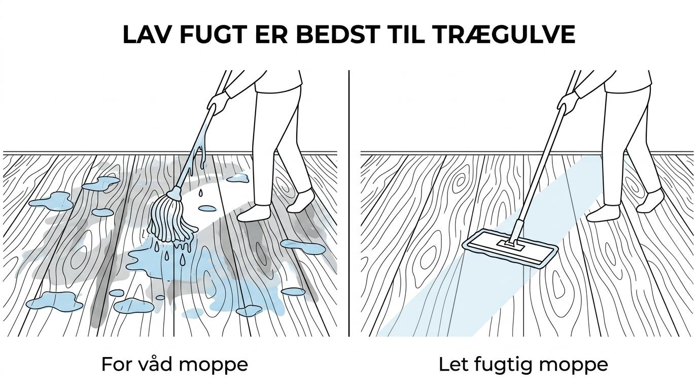 Sammenligning af trægulv vasket med en våd moppe og med en let fugtig mikrofibermoppe.